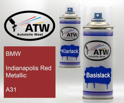 BMW, Indianapolis Red Metallic, A31: 400ml Sprühdose + 400ml Klarlack - Set, von ATW Autoteile West.